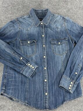 Express Small Pearl Snap Denim Western Shirt Coastal Cowgirl Boho Rodeo Festival